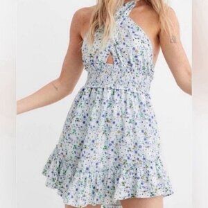 NEW Aerie Spring Fling Halter Cross Floral Dress Blue XXL NWOT